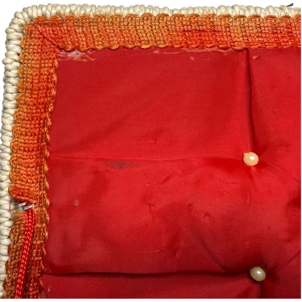 Mid Century Wicker Sewing Basket Floral Fabric Red Satin Lining Cottagecore